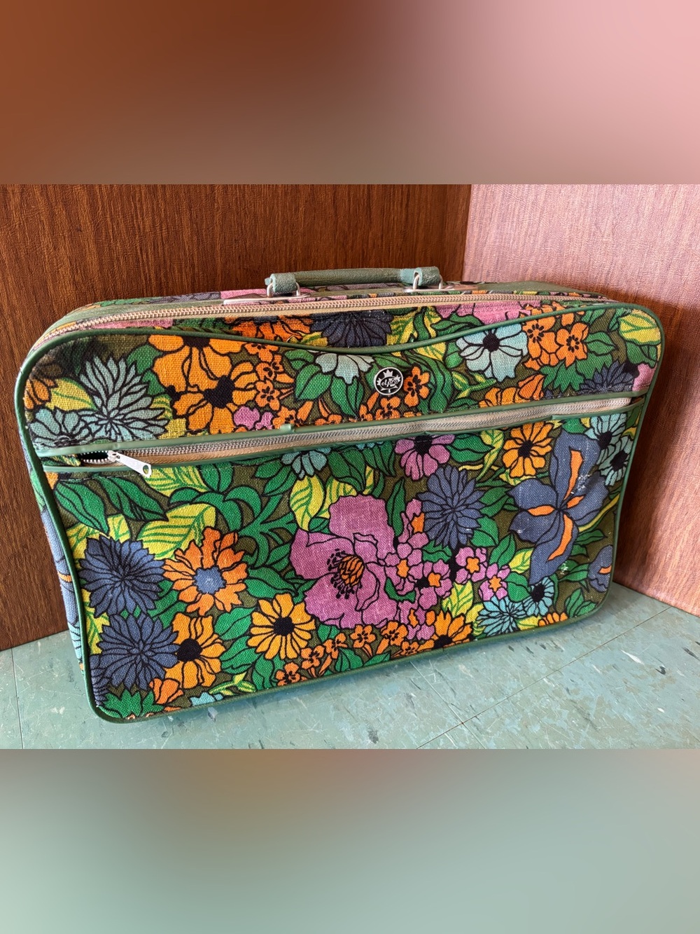 Vintage small fabric suitcase flower power 1960’s green pink orange floral